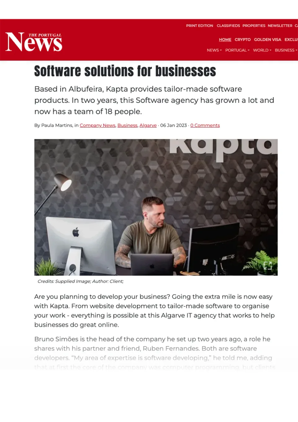 Artigo do The Portugal News sobre as soluções de software da Kapta