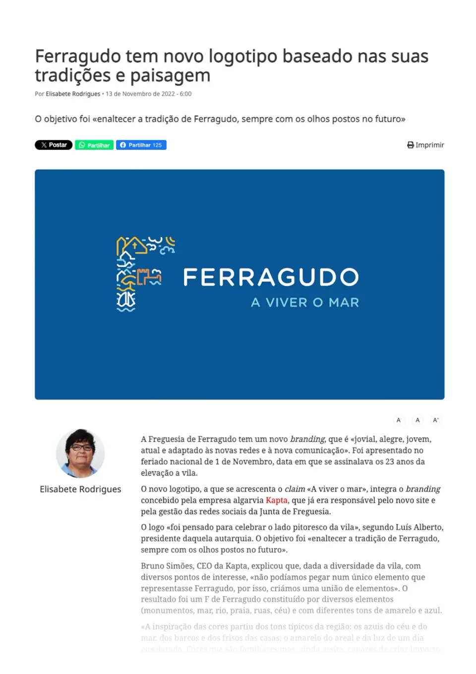 Notícia sobre o novo logótipo de Ferragudo criado pela Kapta